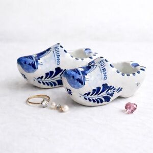 Vintage Dutch Clog Figurines Pair | Blue & White Holland Mini Ceramic Shoes